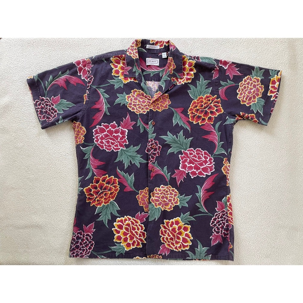 90s Vintage USA Mr Witt Mens Large Hawaiian Shirt Purple Floral Short Sleeve